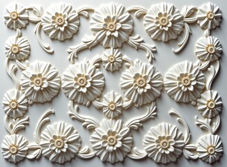 Ornate white flowers in detailed plaster pattern adorn gypsum ceiling sheet. Seamless decorative floral pattern on white background. Classic, elegant design creates luxurious look. Intricate carvings