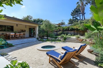 Stunning American Backyard Landscape with Elegant Patio Area Featuring Beige Chairs and Blue Accents