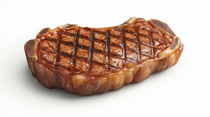 A perfectly cooked ribeye steak, gourmet food element, hyper-realistic 3D rendering, juicy texture with grill marks, isolated on white background