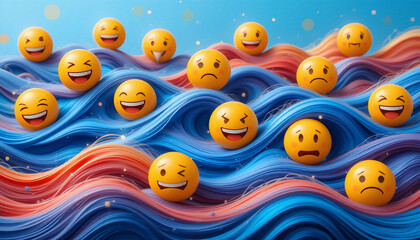 Naklejka premium Vibrant and playful 3d rendering showcases a variety of emojis surfing on colorful, undulating waves, representing a spectrum of human emotions.