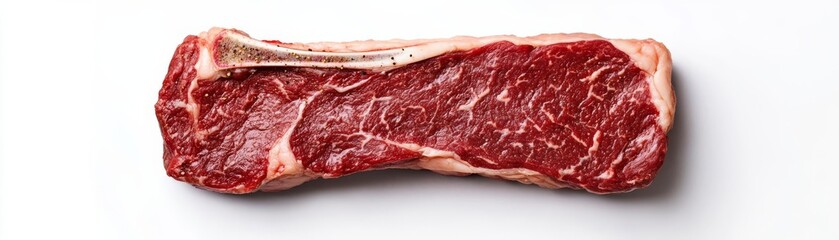 Obraz premium A raw ribeye steak, butcher s cut, ultra-realistic texture, marbled fat details with seasoning, isolated on white background