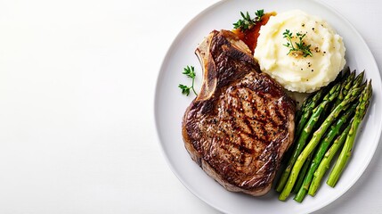 A ribeye steak dinner, plated gourmet style, elegant food presentation with sides of asparagus and mashed potatoes, isolated on white background