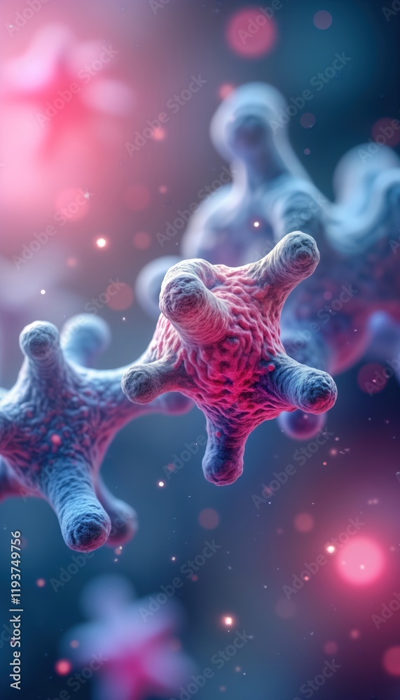 Poster Abstract vibrant pink, blue molecular structures visualized. Complex organic structures in solution. Scientific research. Biotechnology visualization. Molecular synthesis. Modern tech in biological