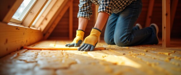 Worker insulates attic for better home comfort. Person wearing yellow gloves installs insulation material on wooden floor. Energy efficiency improvement project. Focus on quality materials for warmer