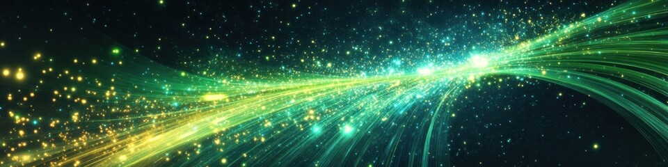 Fototapeta premium Dynamic burst of green and yellow lights on a cosmic starfield background