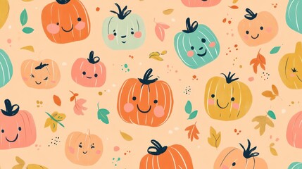 Cute cartoon pumpkins pattern on pastel background. Possible use children's book illustration