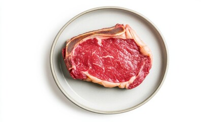 A ribeye steak on a ceramic plate, elegant dining setup, minimalistic presentation, isolated on white background