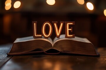 An open book displays the first letters of each chapter creatively arranged to spell the word LOVE. Soft lighting enhances the warm ambiance, creating an inviting atmosphere
