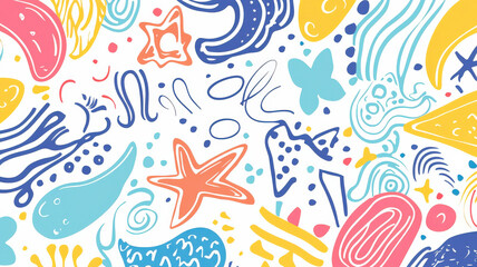 Fototapeta premium A fun and colorful hand-drawn style background with playful doodles, perfect for promoting children’s events, parties, or activities with vibrant and engaging visuals. 