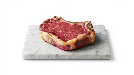 Obraz premium A ribeye steak on a marble board, modern food photography, premium presentation, isolated on white background