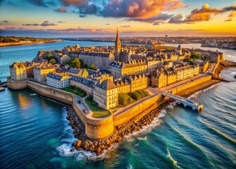 Naklejka premium Stunning Aerial Drone Shot of Saint-Malo's Walled City, Brittany, France