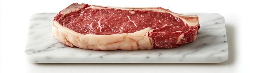 A ribeye steak on a marble board, modern food photography, premium presentation, isolated on white background