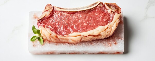 Obraz premium A ribeye steak on Himalayan salt block, luxurious dining concept, pink salt detail enhancing meat presentation, isolated on white background