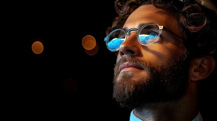 A man with glasses is looking up at the sky. The sky is blue and the man's glasses are blue as well