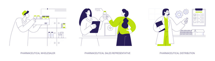 Pharmaceutical products distribution abstract concept vector illustrations.