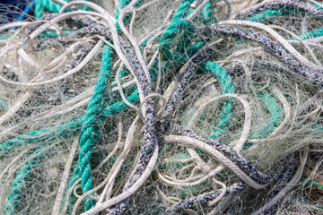 Saintes-Maries-de-la-Mer, Bouches-du-Rhone, Provence-Alpes-Cote d'Azur, France. Fishing nets in the harbor of Saintes-Maries-de-la-Mer.