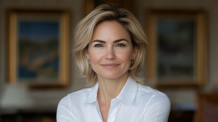 A woman with blonde hair and a white shirt is smiling for the camera. She is standing in front of a wall with two paintings on it