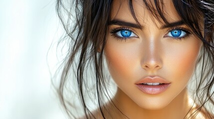 A woman with blue eyes and a messy bun. She has a tan complexion and a pinkish tint to her lips