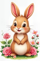 Adorable bunny surrounded by colorful flowers. Cute spring themed illustration. Rabbit poses happily in roses, flowers. Perfect for spring-themed prints, greeting cards, posters. Picture isolated on