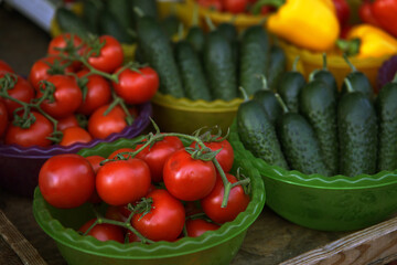 Fresh tomato vegetables cucumber pepper on the market