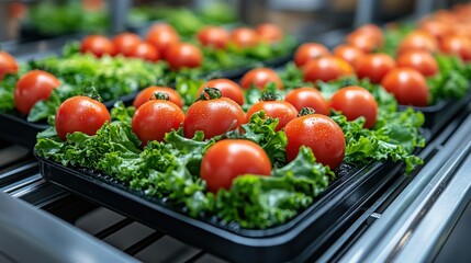 Freshly Harvested Tomatoes on a Bed of Crisp Green Lettuce in a Modern Agricultural Facility Showcasing Healthy Food Production Techniques