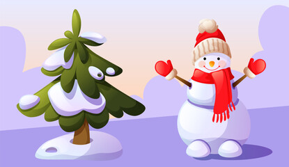 A cheerful snowman in a red Santa hat with a pompom, a red scarf and red mittens stands next to a Christmas tree in the snow. Snowman against the background of a snowy landscape. Winter fun, games.