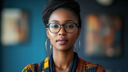 A woman with glasses and hoop earrings is standing in front of a blue wall. She is wearing a yellow and black outfit