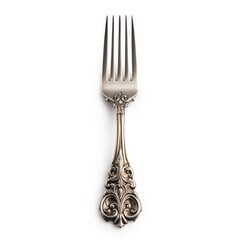 Vintage Silver Fork - Old Ornate Cutlery with Carved Details, Isolated on White Background