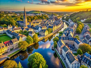 Obraz premium Stunning HDR Aerial View of Quimper, France: Historic Cityscape & River Odet