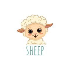 Cute cartoon sheep isolated on white. Funny sheep cub in flat style. Sheep face for cards, magazins, banners, coloring page. Vector Illustration.