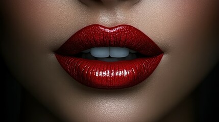 Fototapeta premium A woman's lips are painted red with glitter. Concept of glamour and sophistication