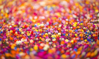 A carpet of colorful wildflowers with a shallow depth of field creating a dreamy, blurred background, floral, summer, carpet