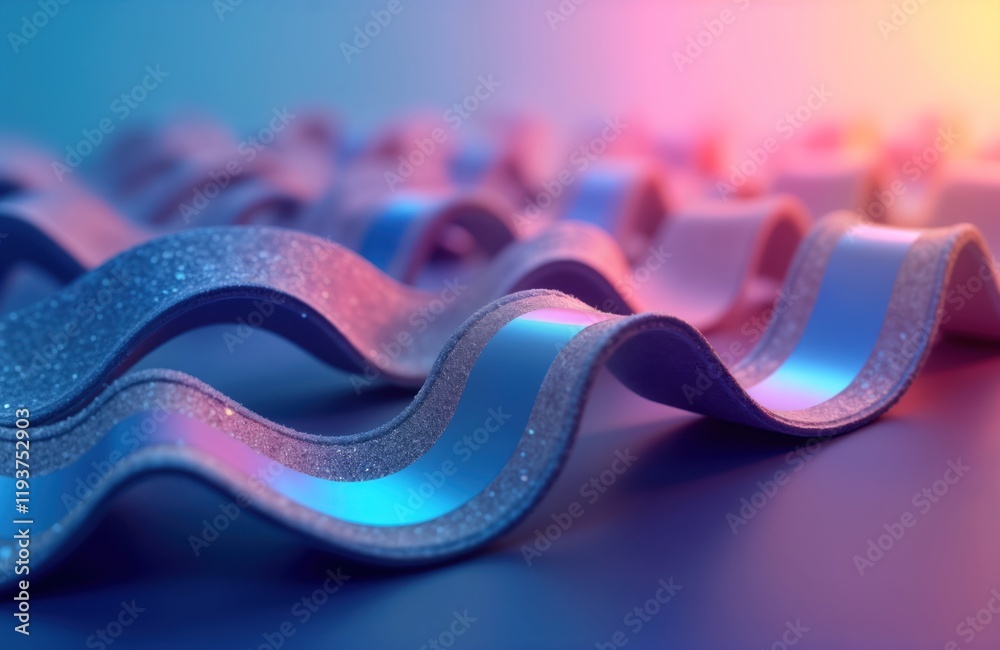 Poster Abstract wavy ribbons in gradient blue, purple background. Elegant curves, dynamic shapes create surreal 3D effect. Colorful, vibrant colors create visually appealing design. Smooth textures,