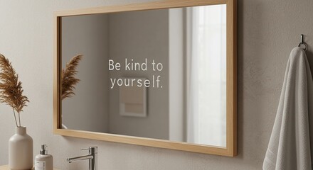 This image shows a bathroom mirror with the text Be kind to yourself reflected in it. 