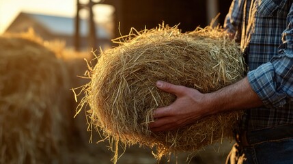Farmer Holding Fresh Hay in Sunlit Barn Setting