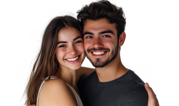 Portrait of a smiling young couple hugging isolated on white background

