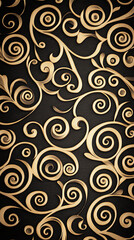 The image features a dark background with intricate, golden, swirling floral patterns covering the surface