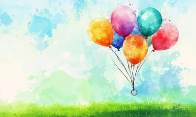 A cluster of brightly colored watercolor balloons tied to a metal ring hovering above a lush green meadow, bright watercolor, outdoor decoration, balloon