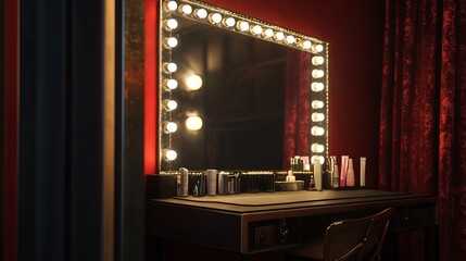 A backstage theater dressing room featuring a vanity mirror under dim lighting, leaving ample negative space