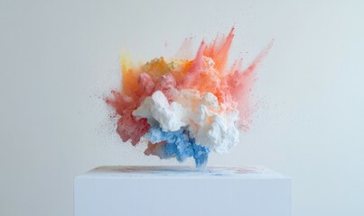 A colorful explosive burst of powder on a clean and minimalist white surface, colorful blast, artful design