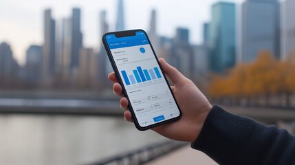 hand holding a smartphone displaying a financial dashboard app, symbolizing mobile banking and investments