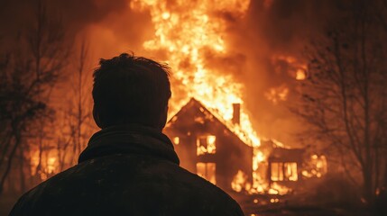 Silhouette of a man from behind looking at his burning house. Man looking at his house being consumed by the flames of an intense fire.