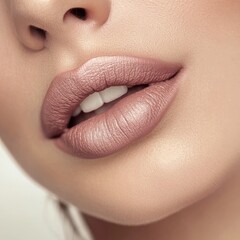 Fototapeta premium Close-up of a woman's sensual and full lips. Sexy lips with matte lipstick in front view.
