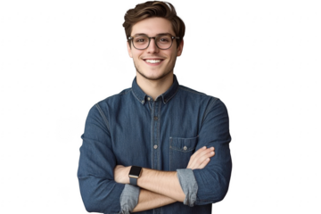 Young handsome man dressed in casual denim shirt with smartwatch on wrist
