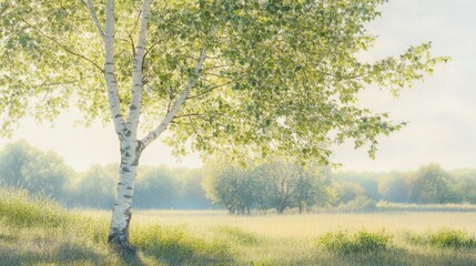 Fototapeta premium Sunlit birch tree in tranquil summer meadow capturing natural serenity