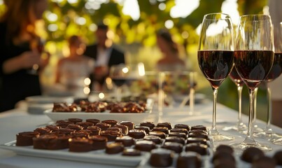 A decadent chocolate and wine tasting event in a private vineyard, with guests enjoying the finest pairings