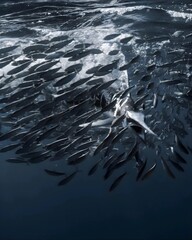 Predatory fish hunt: a dynamic underwater scene of marine predators amidst a bait ball of silver fish, showcasing nature's intense aquatic ecosystem