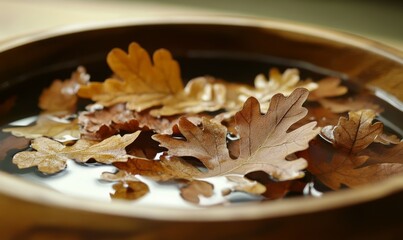 A delicate arrangement of oak leaves in a shallow dish filled with water for aromatherapy, aromatherapy, oak leaves