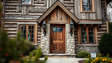 Fototapeta premium Rustic Log Cabin Home Exterior with Stone Accents and Charming Entrance. Beautiful architecture and landscaping design. Real Estate photography