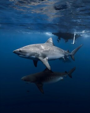 Majestic tiger shark swimming near a boat, captured in crystal-clear ocean water reflecting the shark&rsquo;s striking stripes and streamlined body